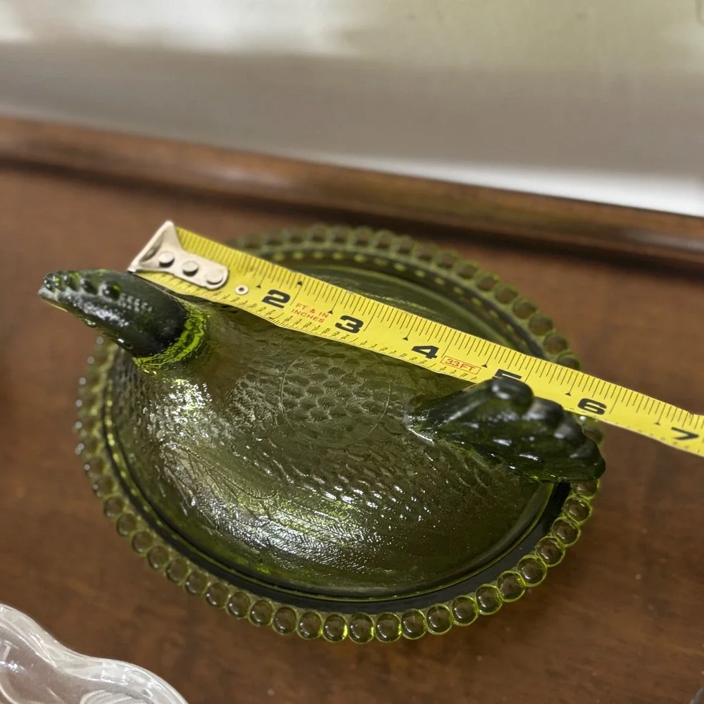 Vintage Olive Green Glass Hen on Nest Covered Dish Beaded Rim Cottage Core Hen